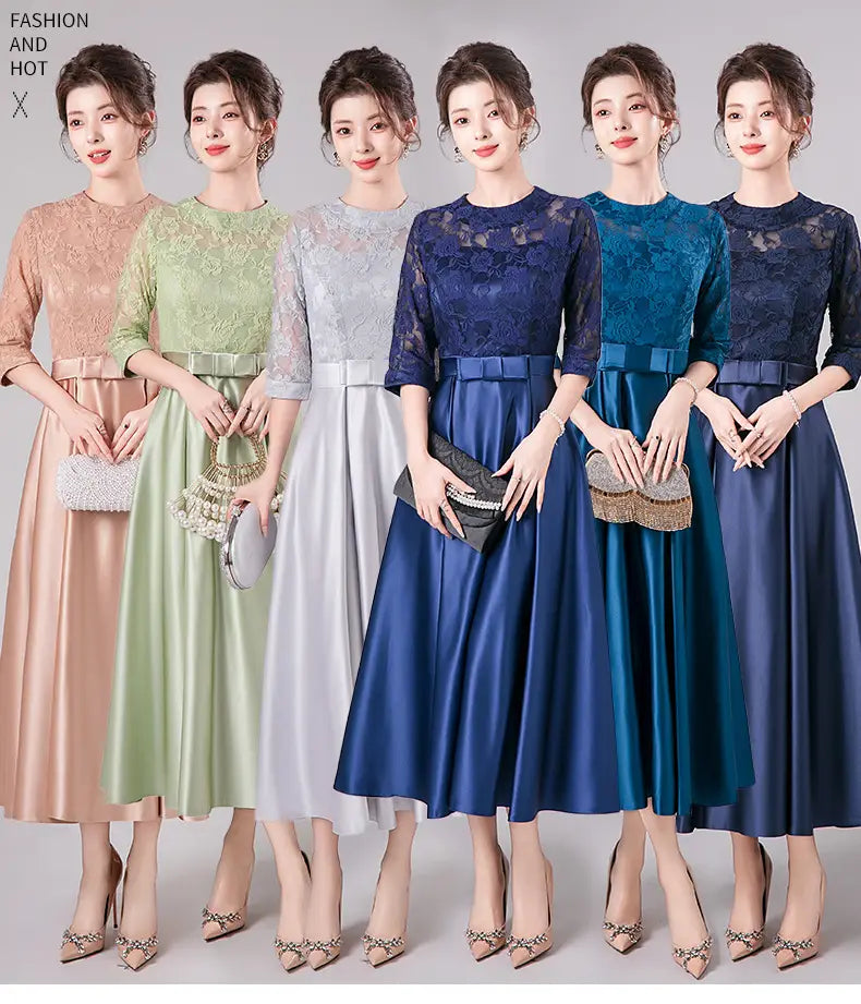 Robe(s) midi d’anniversaire élégante(s) en satin turquoise, pêche pastel, vert menthe, argent et bleu marine, avec des corsages en dentelle et des ceintures assorties.