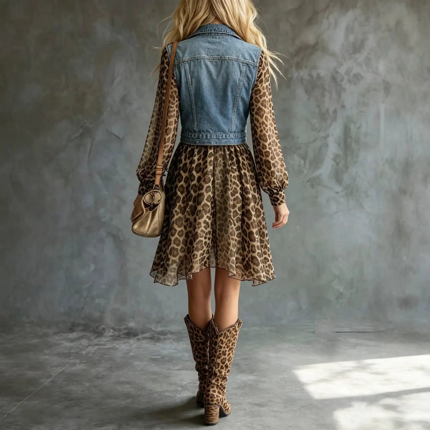 Eine Frau trägt ein Chiffonkleid mit Leopardenmuster, langen Ärmeln und asymmetrischem Saum, darunter geschichtet unter einer Jeansweste.