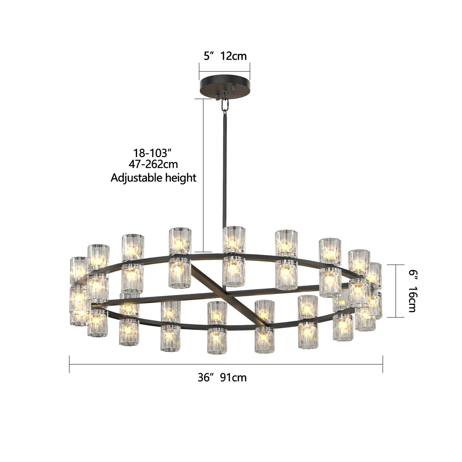 La lámpara de araña moderna de cristal, negra, con luz LED de doble aro, presenta dos aros concéntricos de bombillas tipo vela de vidrio transparente, colocados en un marco metálico de bronce oscuro.