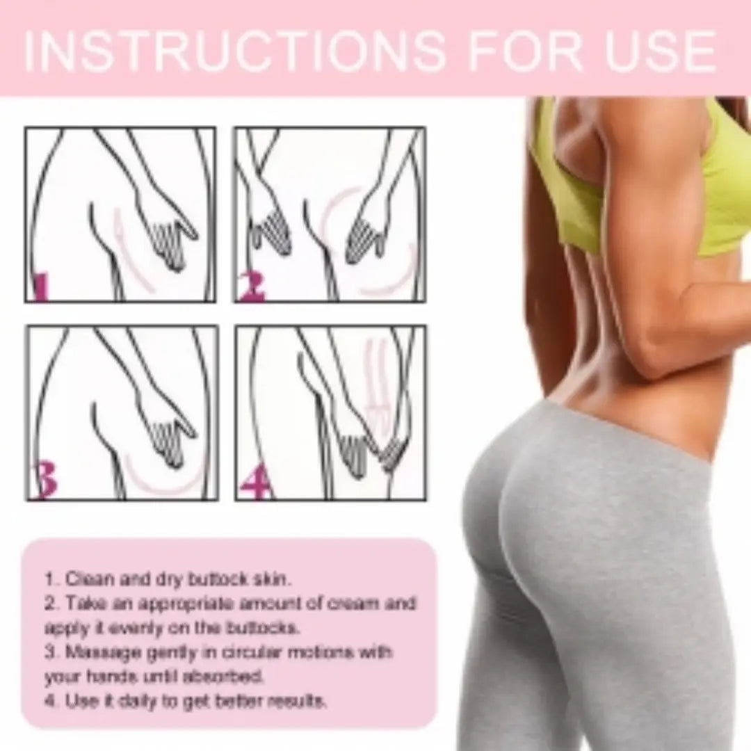 A woman wearing gray leggings and a yellow sports bra demonstrating the firming and lifting effect of plumpy up buttock cream 30g.