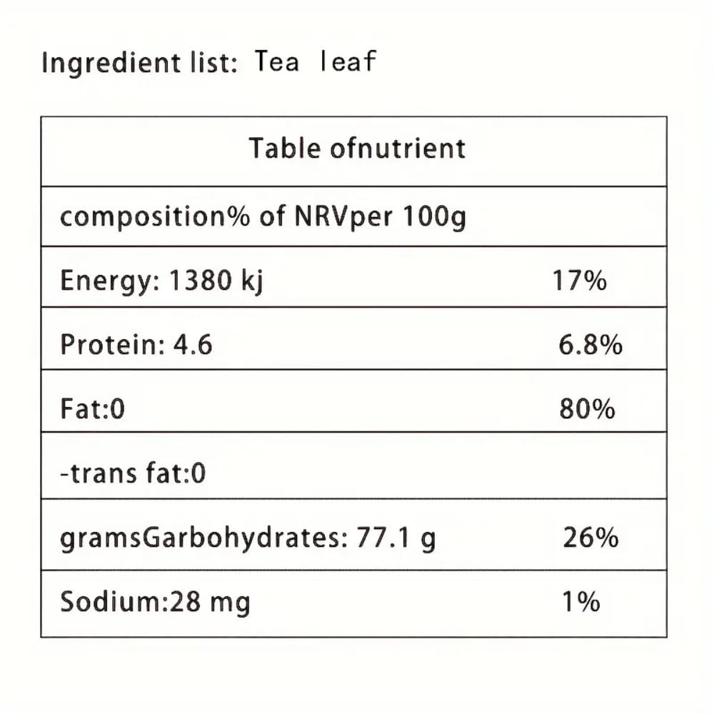 Nährwertkennzeichnung auf der Rückseite des Premium-Yunnan-Reif-Puer-Teekuchens aus 500 g zur Gesundheitsvorsorge mit Angaben zu Zutaten und Nährwertinformationen.