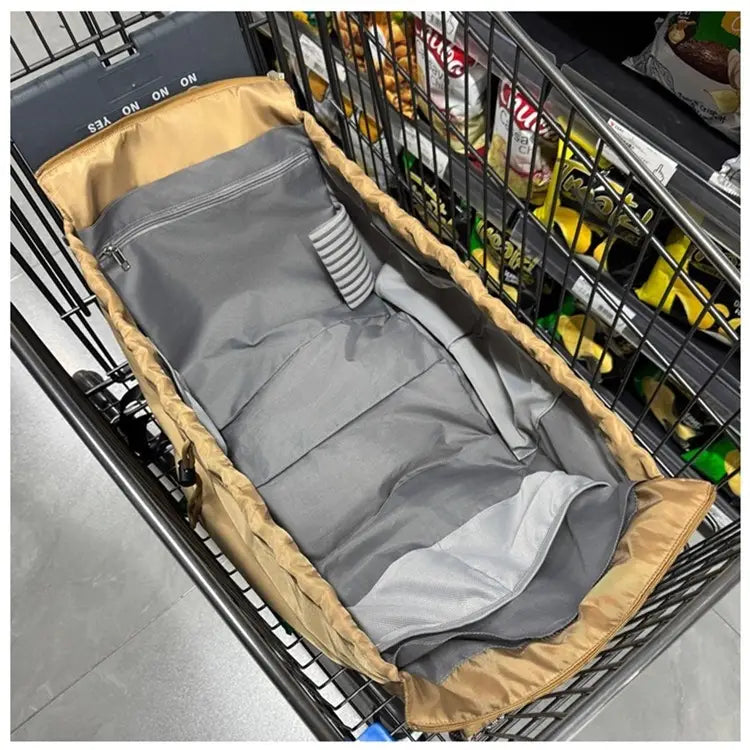 gray and tan multifunctional waterproof nylon shopping cart organizer tote and backpack with a striped pillow inside