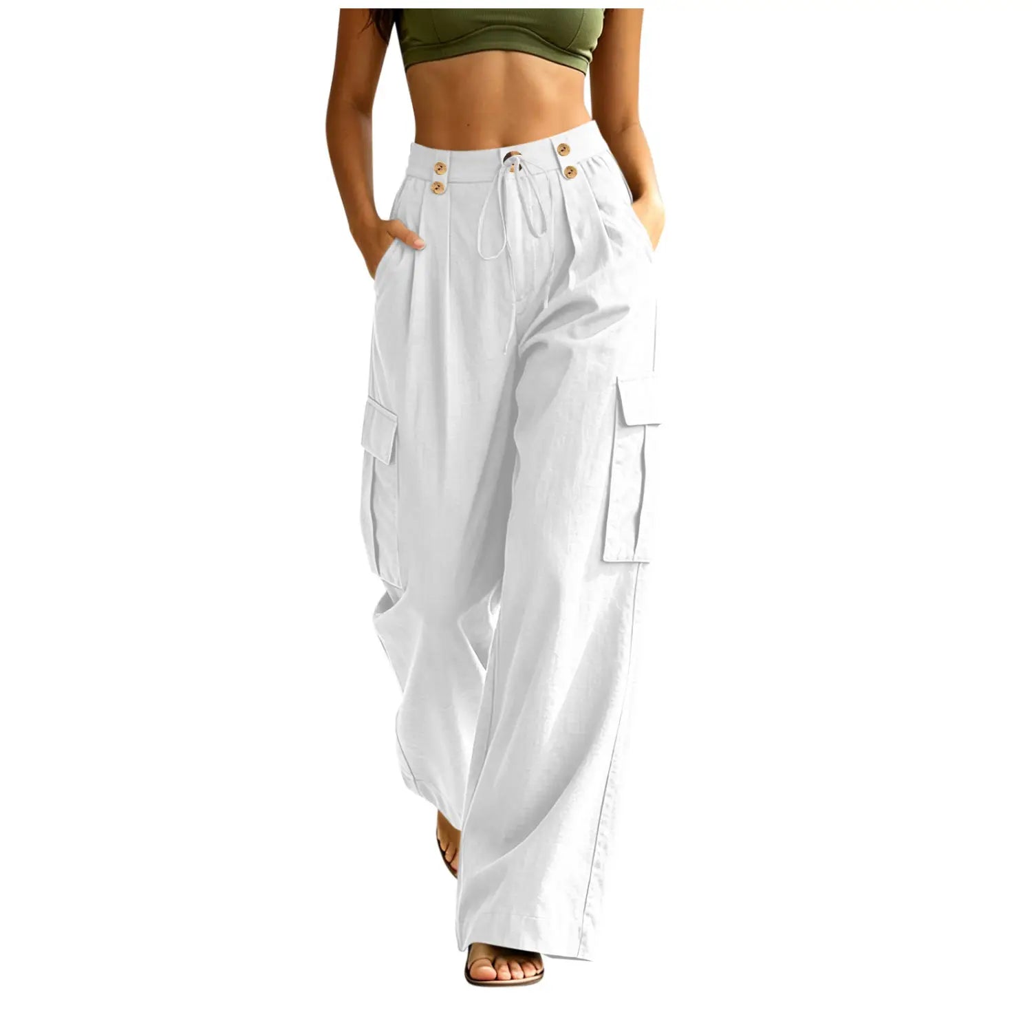 Pantalons cargo en coton blancs taille haute pour femmes, avec boutons ton or, taille élastique et poches latérales multiples, pour un usage décontracté.