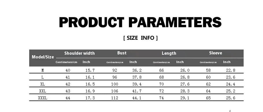 Le tableau des paramètres du produit pour la veste de blazer décontractée à simple boutonnage bleu marine pour homme présente des mesures de taille en centimètres et en pouces pour la largeur d'épaule, le tour de poitrine, la longueur et les dimensions des manches.