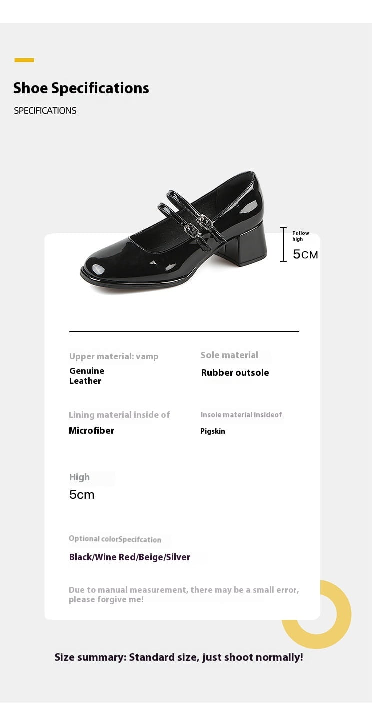 Black patent leather mary jane shoe with a block heel and silver buckle showcasing the front and side view.