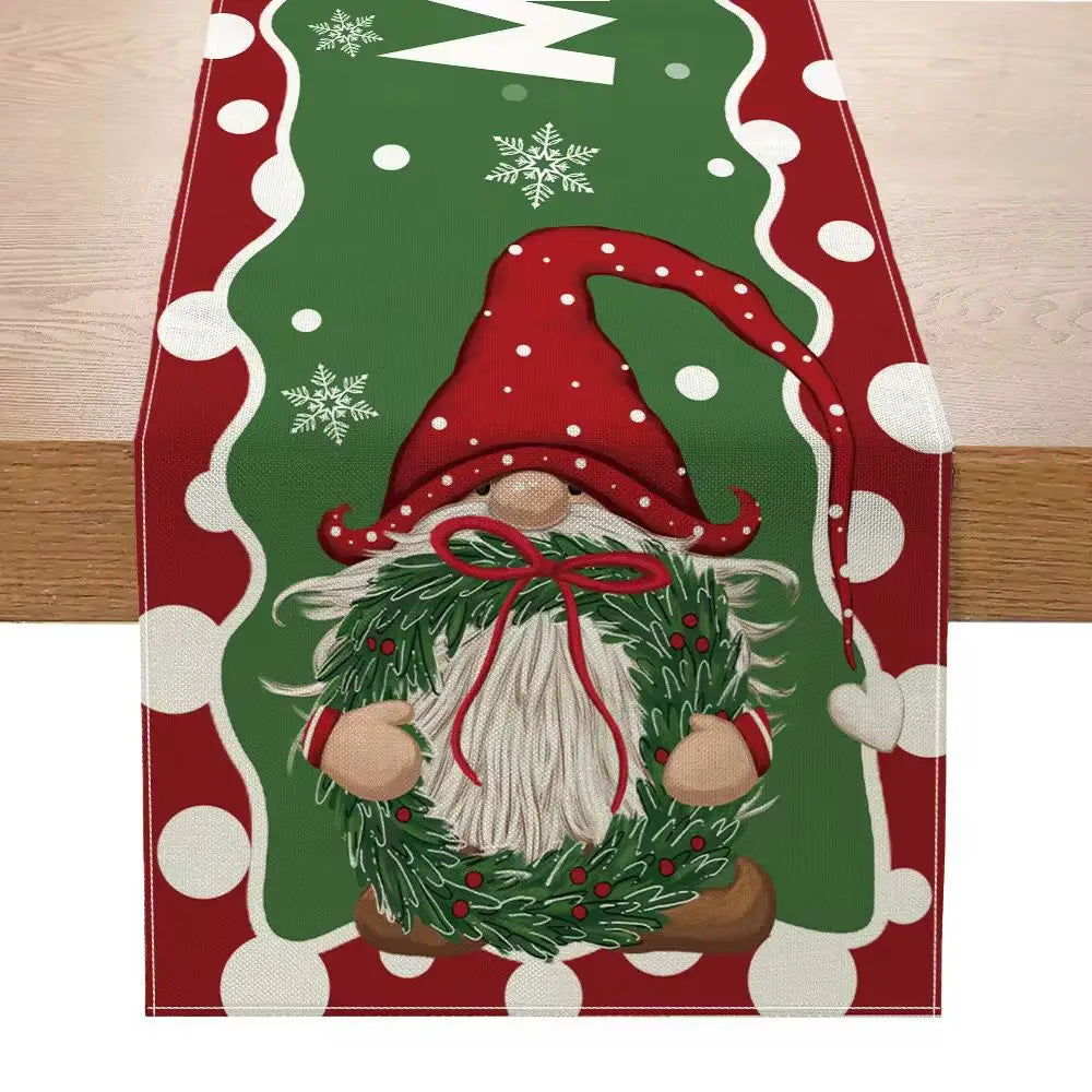 Christmas table runner festive holiday decor 183x33 featuring red and green colors with a festive gnome wearing a red hat white beard and wreath.