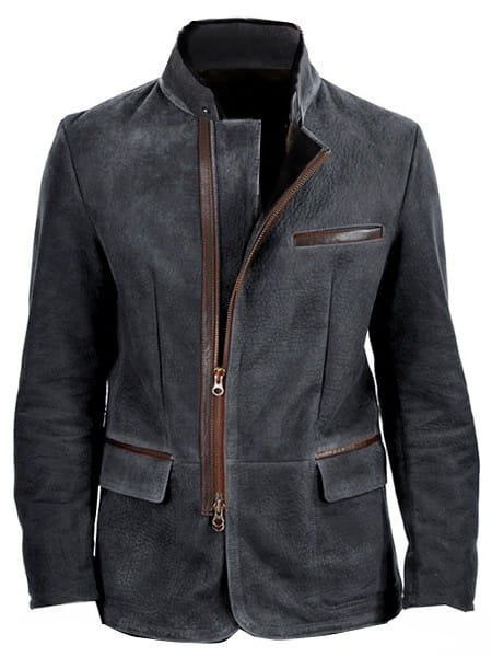 Dark gray suede casual blazer with stand collar and contrasting brown leather zipper and trim for men.