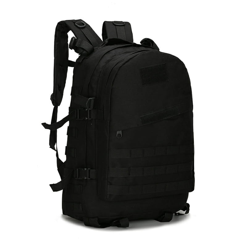 Black tactical camouflage mountaineering backpack with reinforced straps and modular webbing panels designed for hiking.