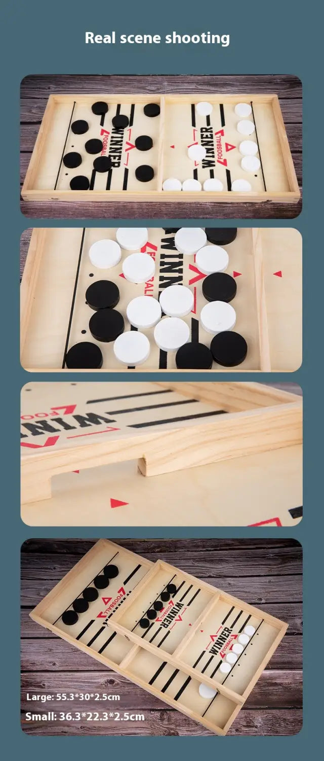 Jeu de palets de hockey sur air de table en bois : plateau de hockey de table comportant un plateau de jeu de jetons en bois, avec des pièces circulaires noires et blanches portant la mention « Winner » sur la surface de jeu.