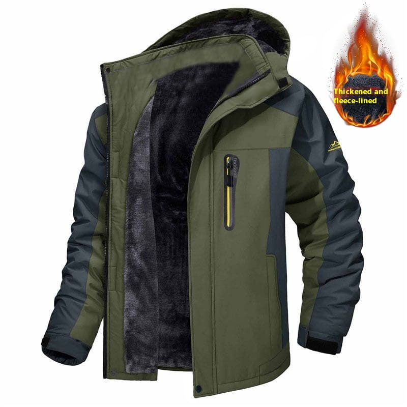 Men’s mid length insulated winter jacket in olive green and dark gray with thick fleece-lined hood for warmth and comfort.