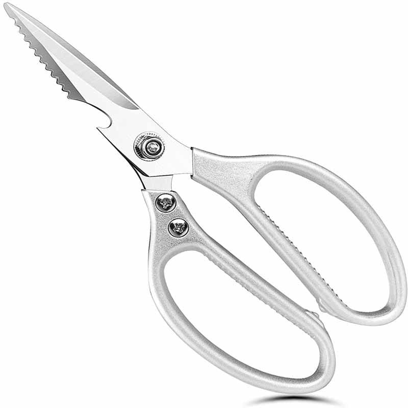 Küchen-Scheren aus silbernem Edelstahl mit gezahnten Klingen und strukturierten Griffen, ausgelegt für Fleisch und Meeresfrüchte.