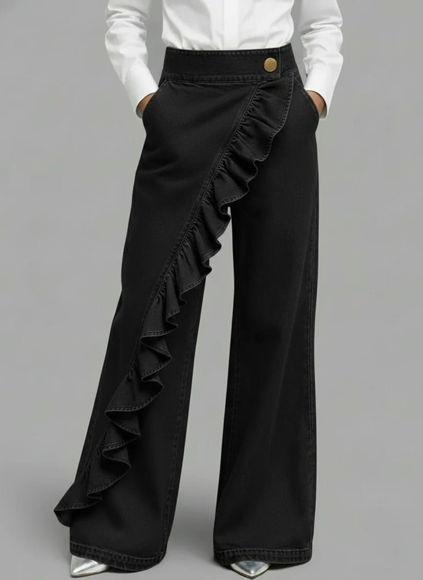 Pantalones de mezclilla anchos negros con panel lateral con volante y botón de tono dorado en la cintura de tiro alto.