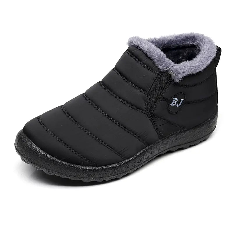 Black quilted men snow boot with gray faux fur lining lightweight waterproof winter shoe featuring bj logo patch.
