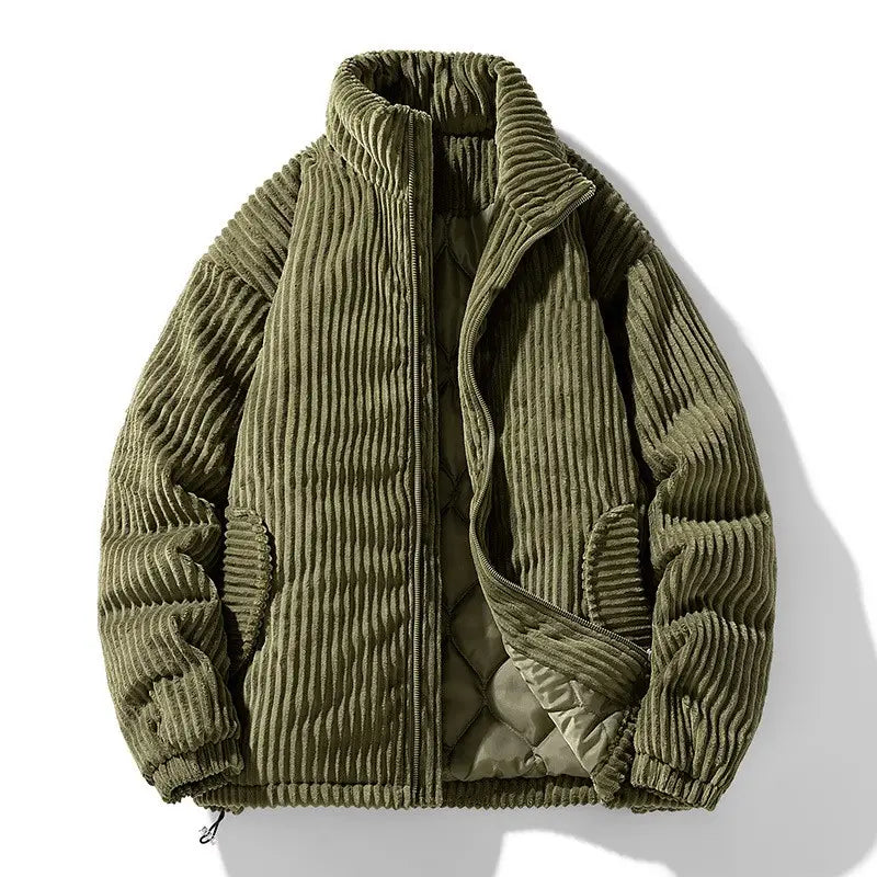 Olive green corduroy puffer jacket with ribbed texture and quilted interior designed for couples.