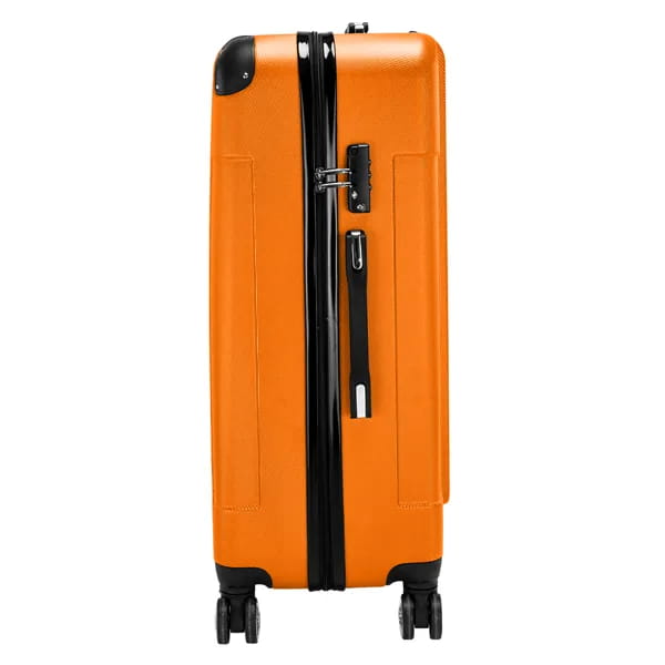 Bright orange hard-shell abs trolley suitcase with black trim zippers and wheels from the 3-in-1 lightweight suitcase set.