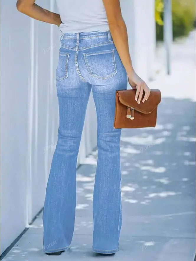 Light wash flare jeans for women feature a slim fit, button closure, light-wash denim material, and a classic five-pocket design.