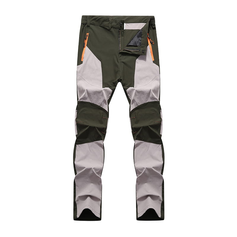 men waterproof hiking pants in olive green and gray with stretch fabric and orange zipper accents designed for tactical use.