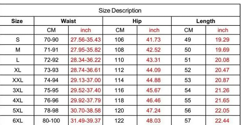 Tableau de description des tailles pour les shorts de bain séchage rapide à imprimé de requin rose pour hommes, indiquant des mesures en centimètres et en pouces pour les tailles S à 6XL.