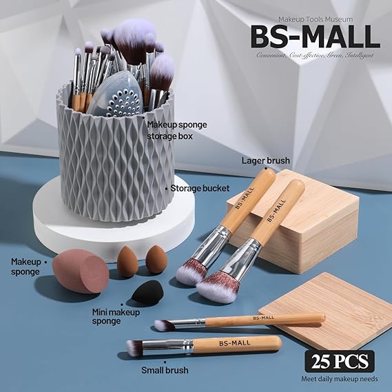 Gray textured cylindrical makeup sponge storage box with a geometric pattern designed for the bamboo makeup brush set with rotating storage bucket.