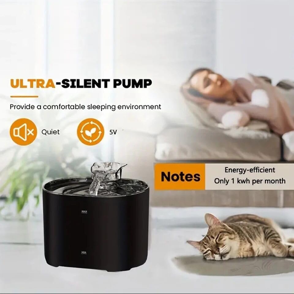 Fontaine d’eau pour chat cylindrique noire avec pompe silencieuse, au design moderne et épuré, d’une capacité de 2,2 litres pour les animaux de compagnie