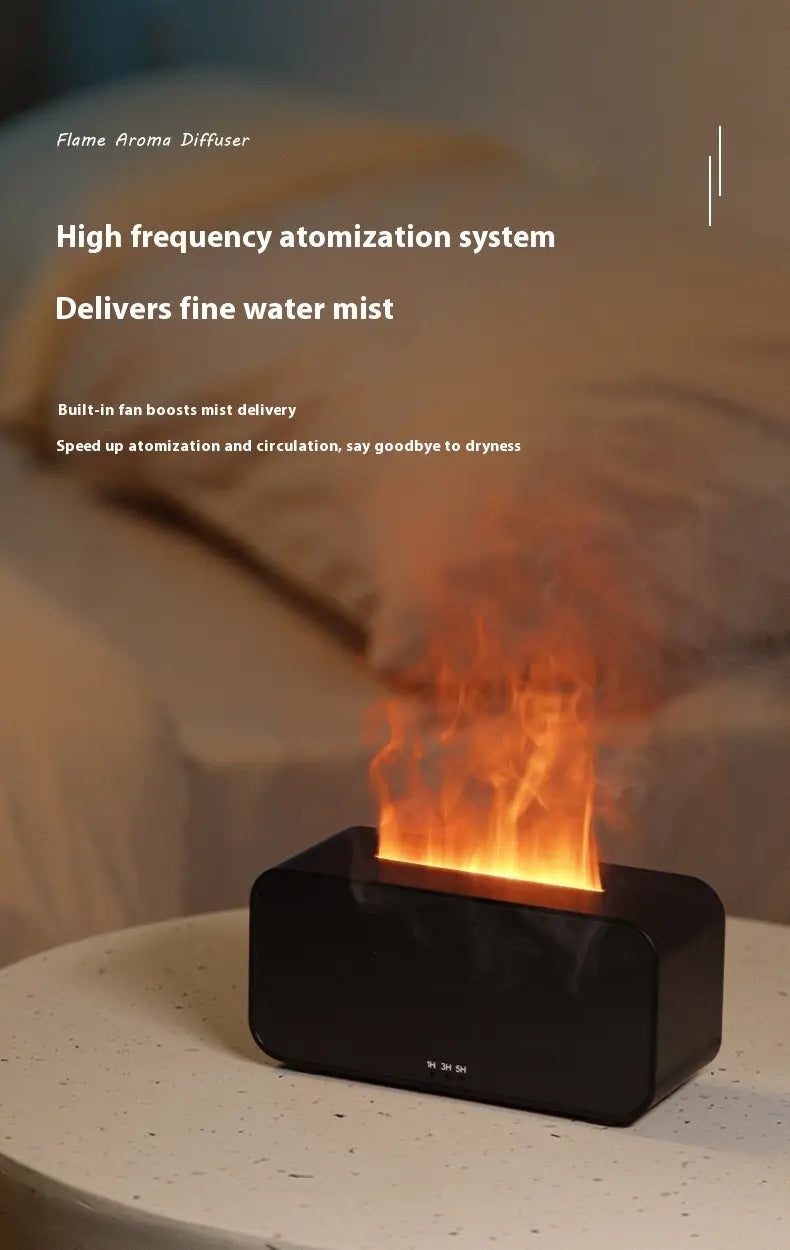 Black rectangular flame diffuser humidifier with glowing orange simulated flames and jellyfish mist effect for aromatic use.