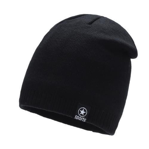 Men’s black fleece lined thermal knitted beanie hat with a small white logo patch featuring a star and the word sports.