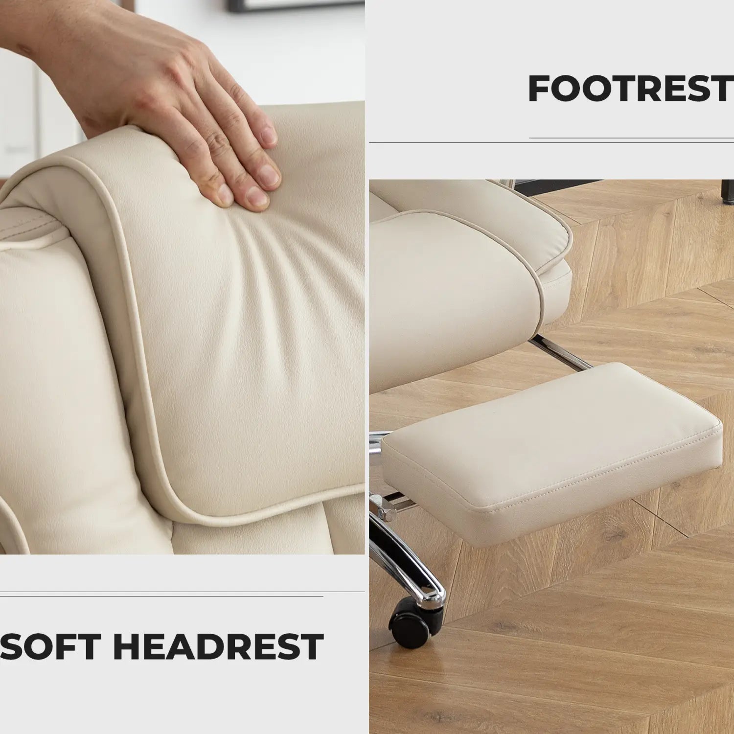 Chaise de bureau de direction en cuir beige, rembourrée, grande et haute, avec accoudoirs en cuir, un repose-tête souple et un repose-pieds, conçue pour un confort ergonomique.
