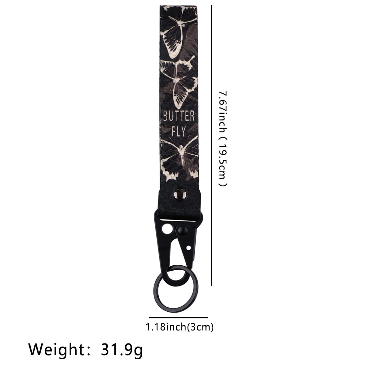 Black butterfly-themed butterfly wrist strap keychain with a sleek metal clip and ring.