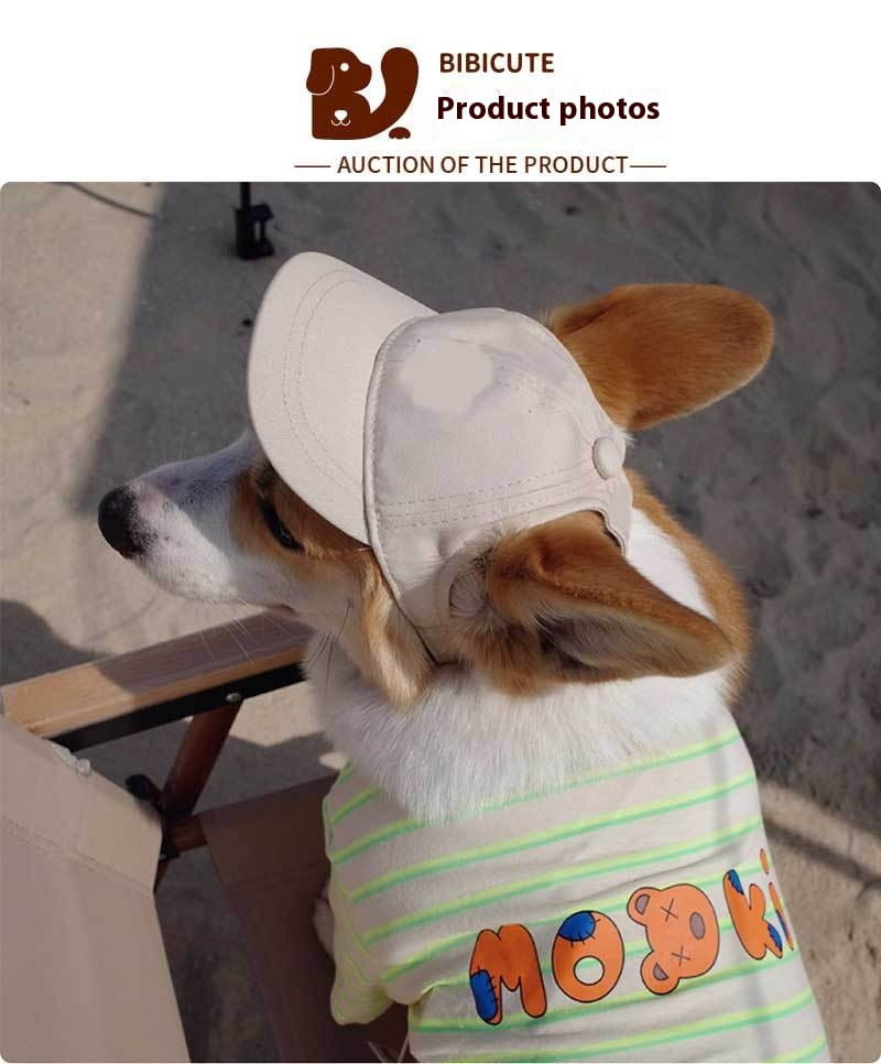 a white adjustable sun proof pet hat with ear holes made of breathable fabric, worn by a corgi and featuring a button on the front