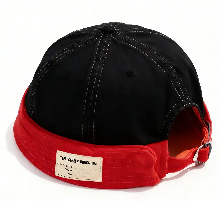 Canvas fedora hat for men with a black and red two-tone design, structured crown, contrasting stitching, and an adjustable denim strap shown from the back side.