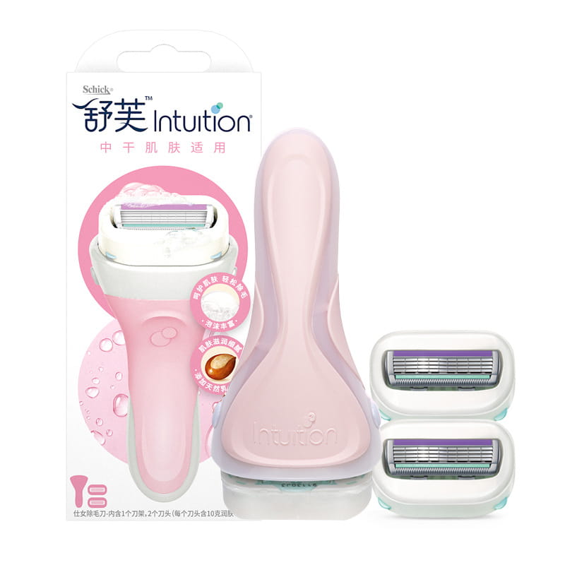 pink schick intuition women’s hair trimmer and razor set for sensitive skin with two replacement heads.