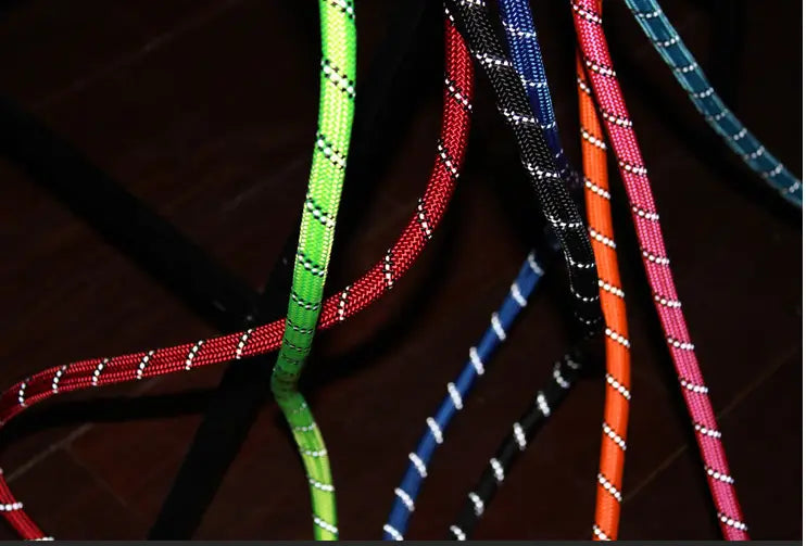 correa para perro reflectante de cuerda trenzada multicolor y vibrante, con mango ergonómico acolchado de espuma; presenta franjas reflectantes blancas y tejido texturizado.