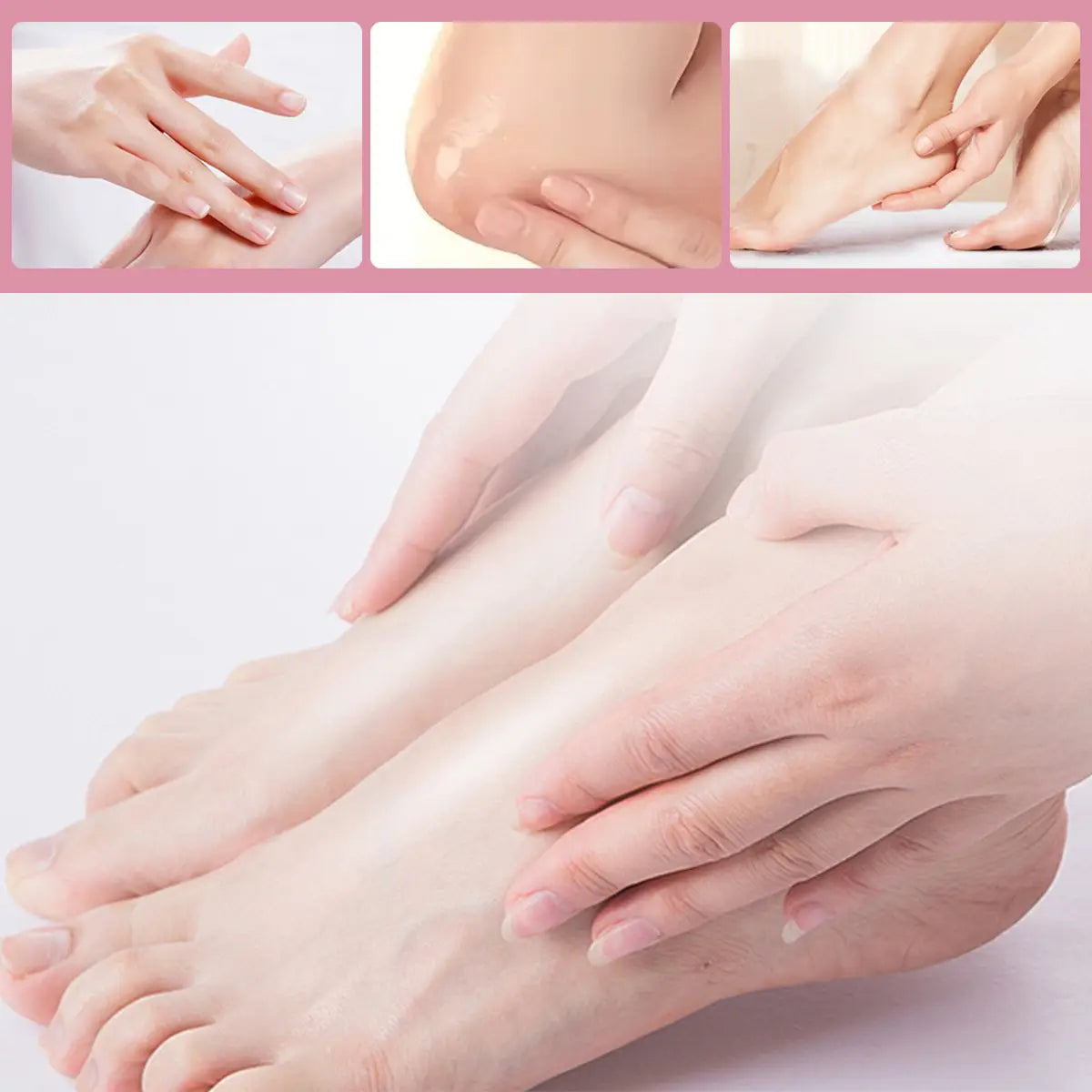 Un gel translucide apaisant de type crème bâton pour le soin hydratant des mains et des pieds à la pêche, 72 g, appliqué avec douceur sur les pieds et les mains à nu.