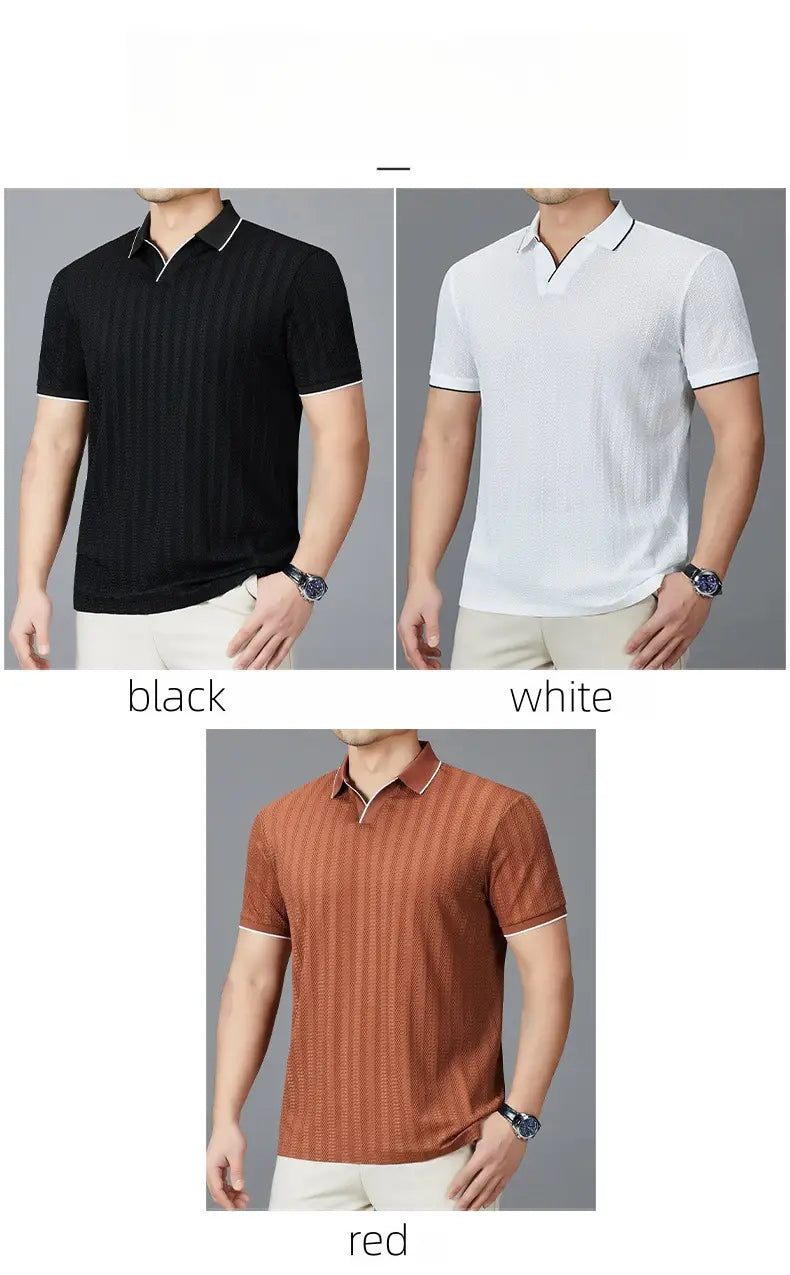 Men’s textured ice silk short-sleeved polo shirts in black, white, and red with ribbed texture and contrasting collar trim.
