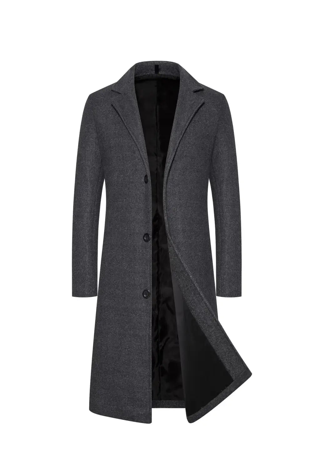 A sleek dark gray wool trench coat mens mid length thick winter jacket with a classic notched collar and three black buttons.