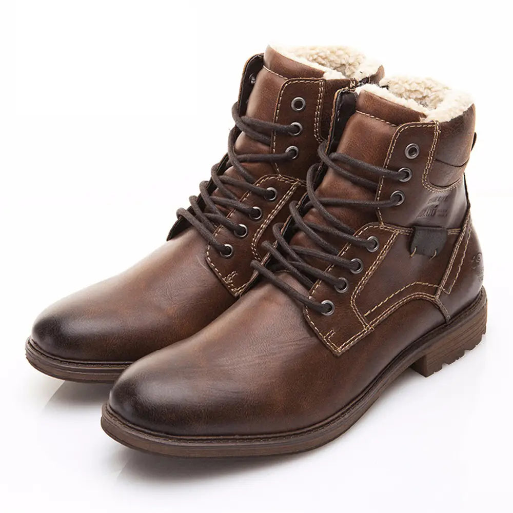 Men winter snow boots featuring brown leather ankle design with dark laces and plush light-colored fleece lining for warmth.