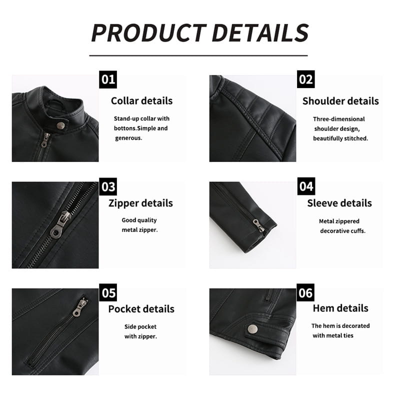 Black leather moto jacket with stand collar slim fit featuring three-dimensional shoulder design metal zipper details and decorative cuffs