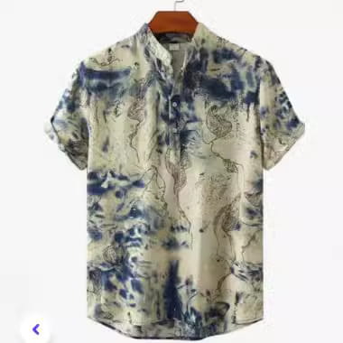 Beige and blue floral Hawaiian short sleeve shirt for men with an abstract pattern hanging on a wooden hanger.