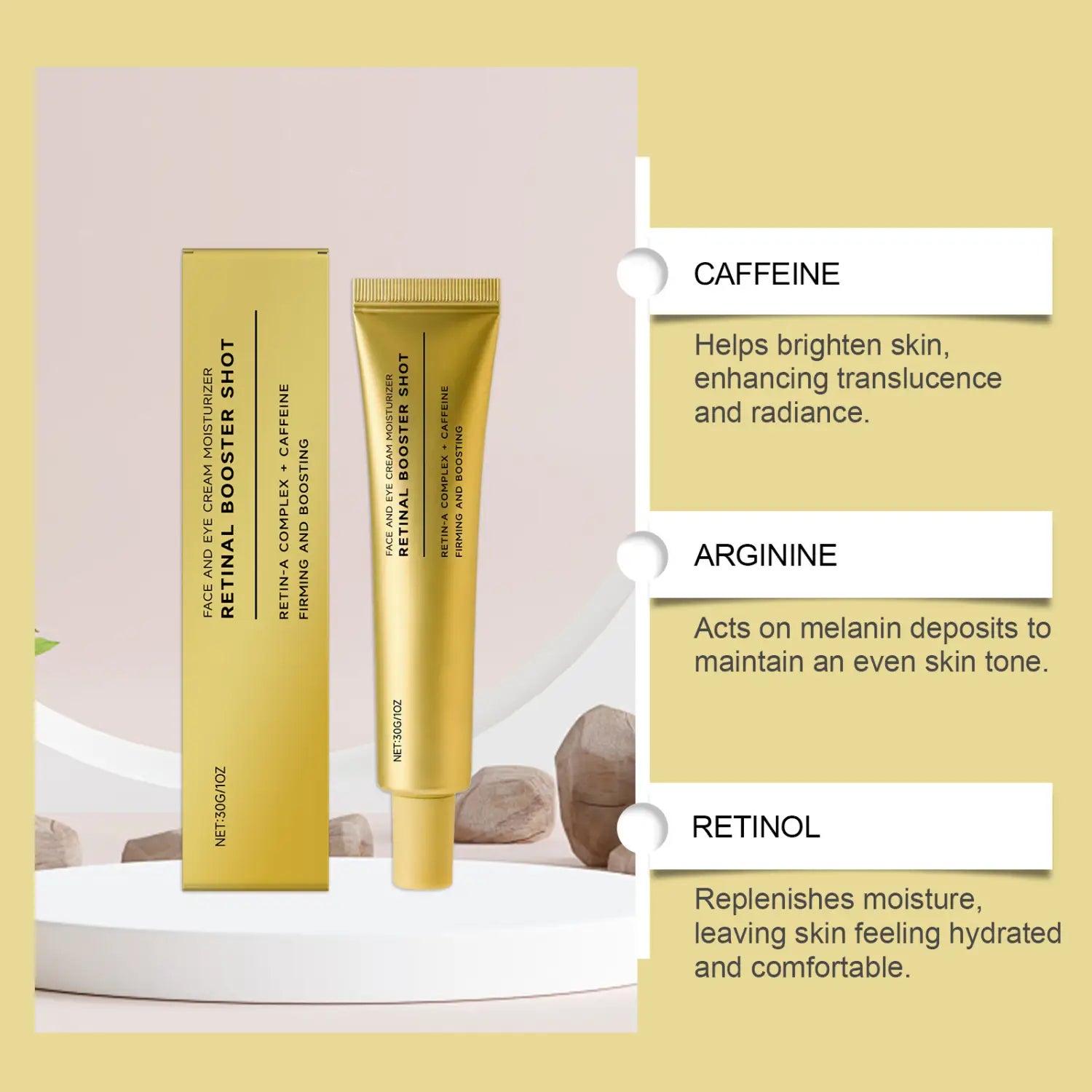 Tube doré de crème booster à la Retin-A et pour les yeux, hydratant, présenté avec sa boîte assortie, dans le cadre de la crème raffermissante à la rétinol, booster doré, pour le visage et les yeux.