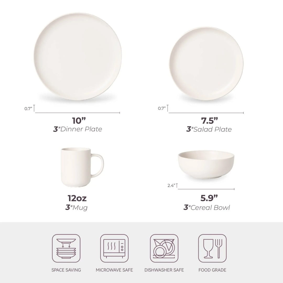 Plato de cena de cerámica blanca de 10 pulgadas de diámetro, de un juego de vajilla de gres de 12 piezas con tazas para tres.