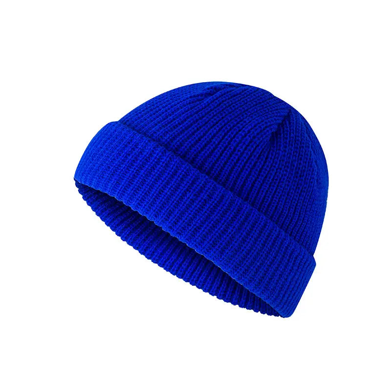vibrant royal blue ribbed knit beanie with a folded cuff contrasting with the dark gray ribbed wool beanie hat title.