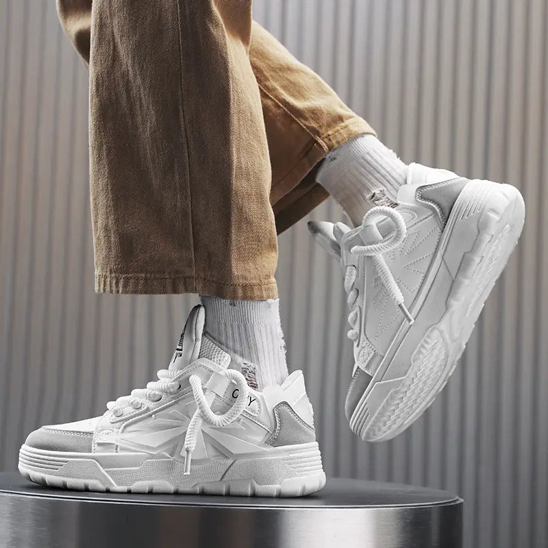 White and light gray chunky sneakers for men harajuku low top shoes with a textured layered design.