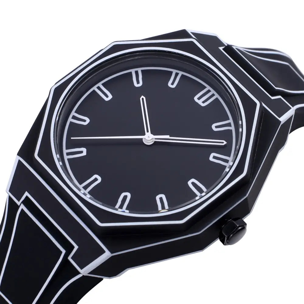 Black geometric modern octagonal minimalist waterproof silicone watch with white outlined hour markers and hands featuring a bold angular case design.
