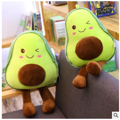 two lime green avocado plush toys with brown seed centers and legs featuring cute smiling faces designed as soft fruit pillows for kids.