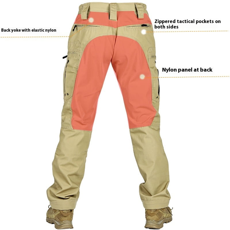 Pantalons tactiques P40 pour hommes de couleur sable et corail : panneau arrière en nylon, taille élastique et poches latérales zippées, conçus pour un usage militaire multi-poches.