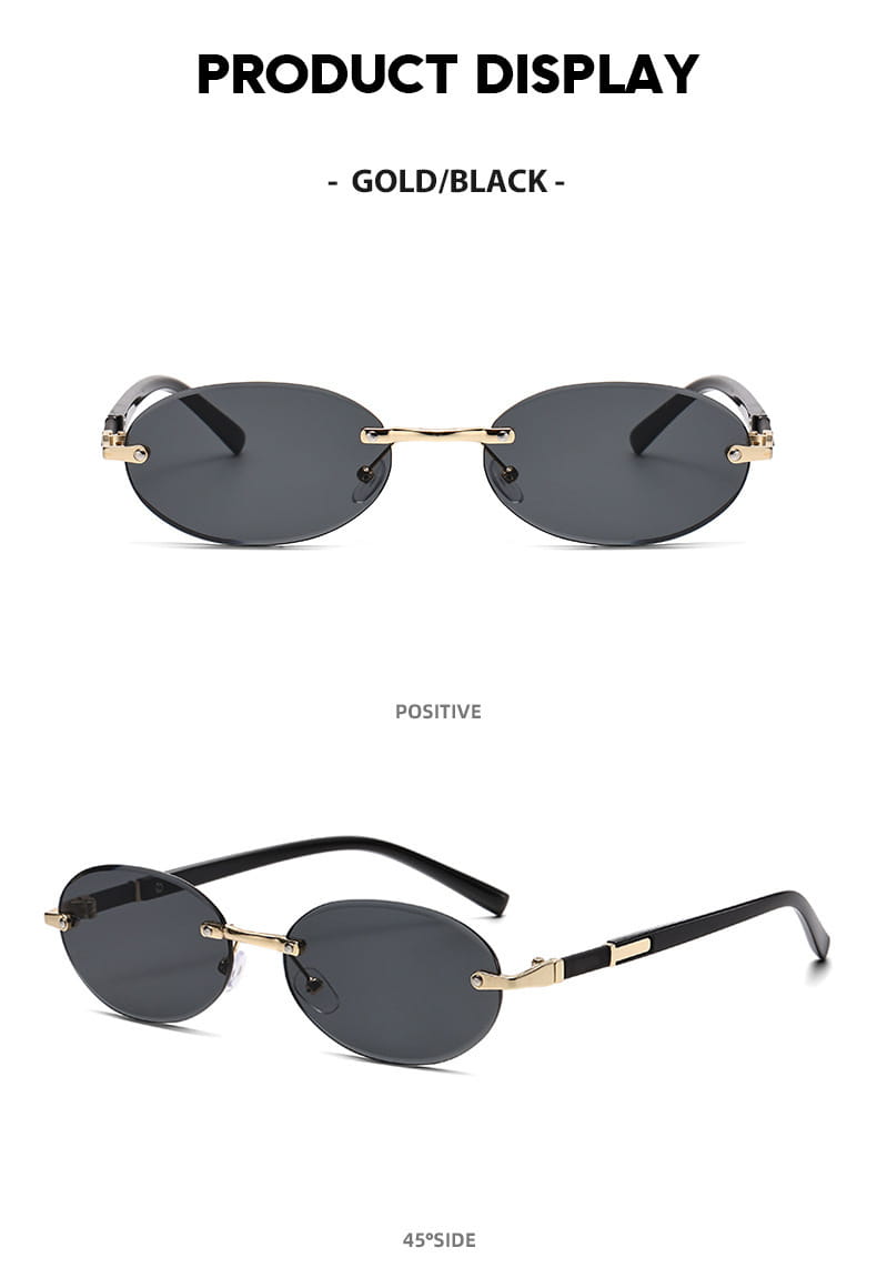 Frameless oval uv400 fashion sunglasses with gold and black metal accents and dark gray lenses.