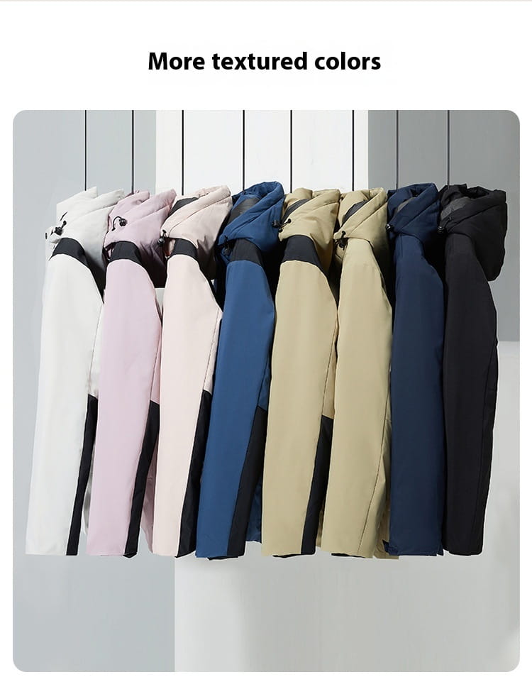 A row of windproof waterproof puffer jackets in assorted textured colors including white pink beige blue and black with contrasting black panels displayed from the front.