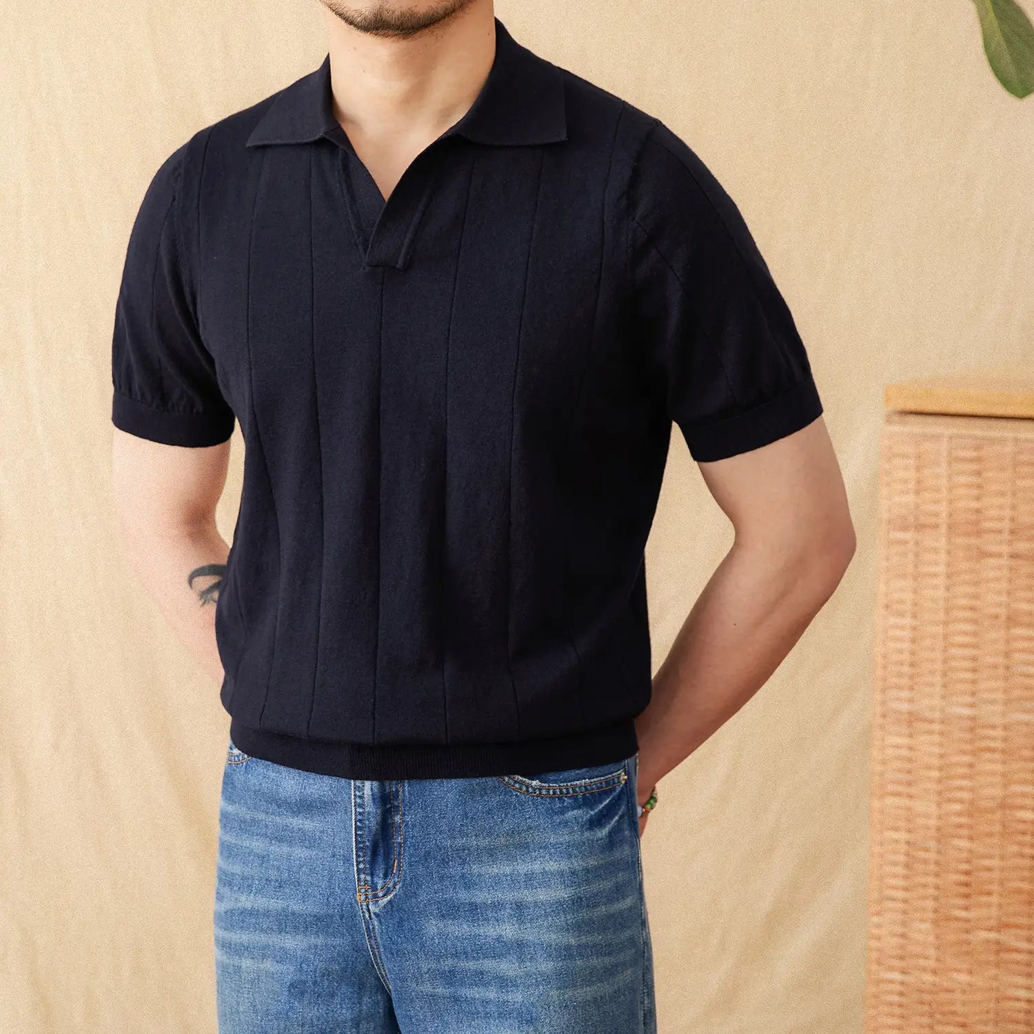 Navy blue men knit stripe polo shirt featuring short sleeves, vertical pleats, and a classic collar.