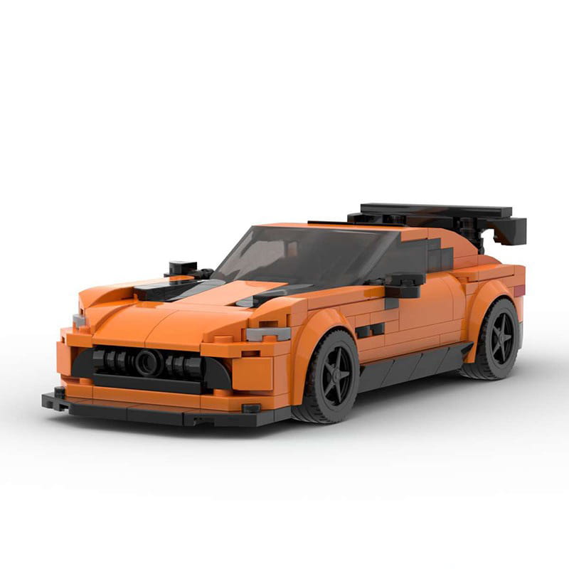 Modèle de voiture de sport LEGO orange et noire avec une conception aérodynamique élégante provenant du kit de construction de modèles de voitures de course, jouet de voiture de sport de 320 pièces.