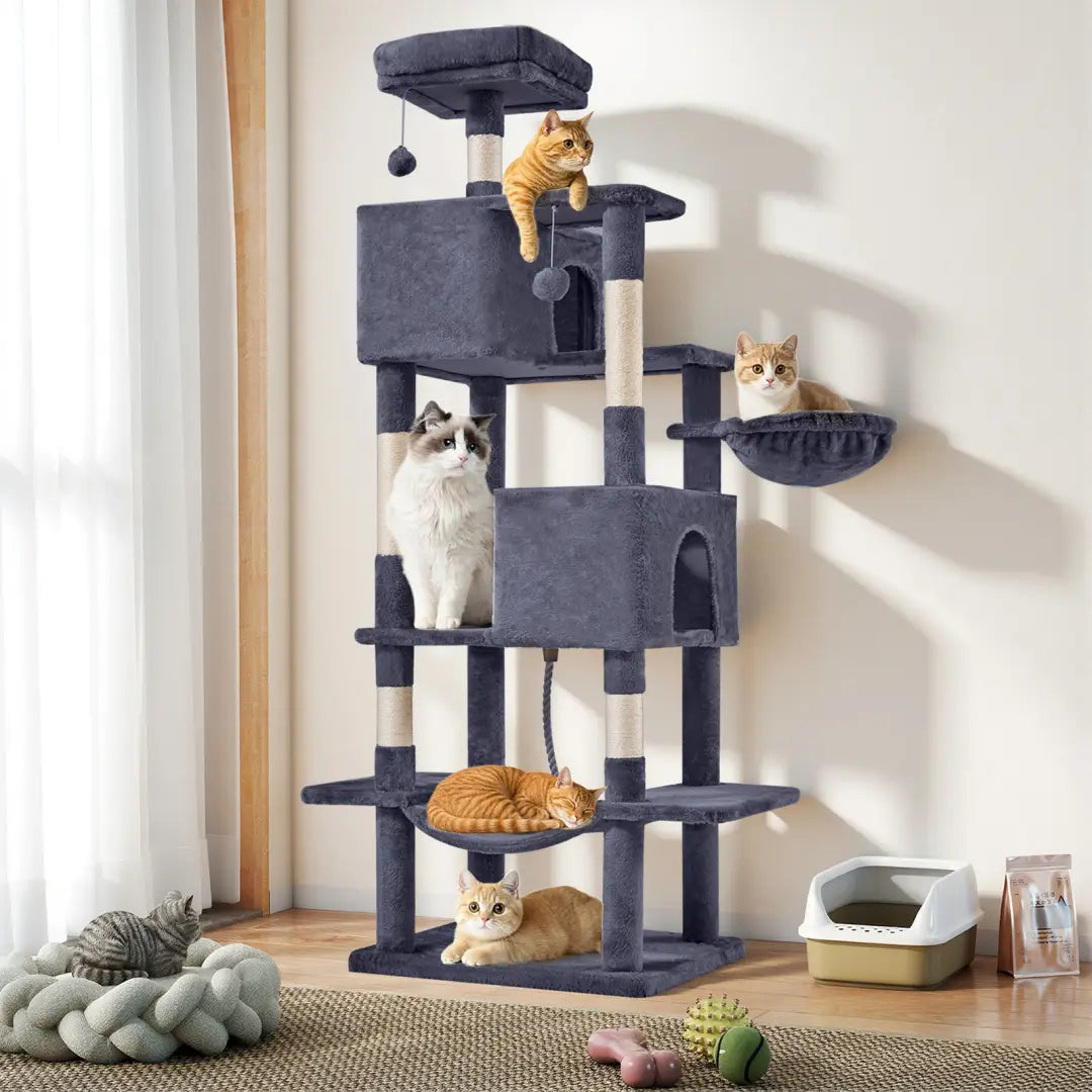 A 66 inch multi-cat tree tower and condo with tall multi-level dark gray plush surfaces and cream-colored vertical posts.